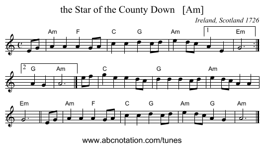 the Star of the County Down   [Am] - staff notation