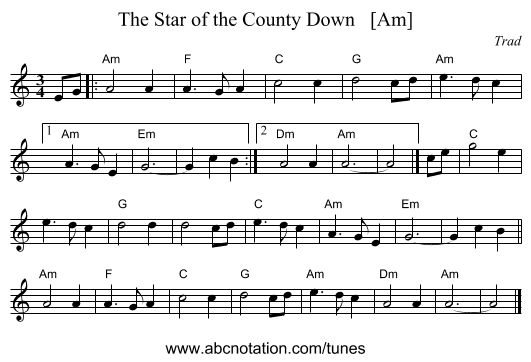 The Star of the County Down   [Am] - staff notation