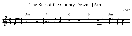 The Star of the County Down   [Am] - staff notation