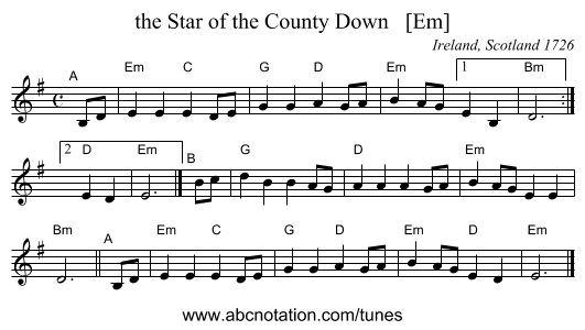 the Star of the County Down   [Em] - staff notation