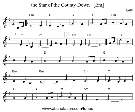 the Star of the County Down   [Em] - staff notation