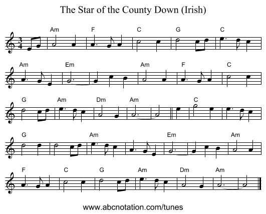 The Star of the County Down (Irish) - staff notation