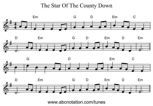 The Star Of The County Down - staff notation