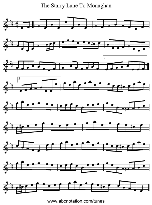 The Starry Lane To Monaghan - staff notation