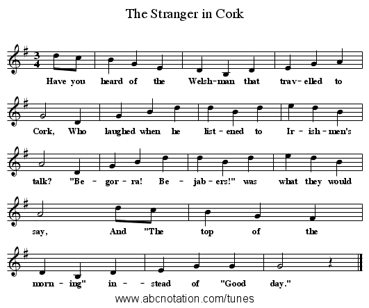 The Stranger in Cork - staff notation