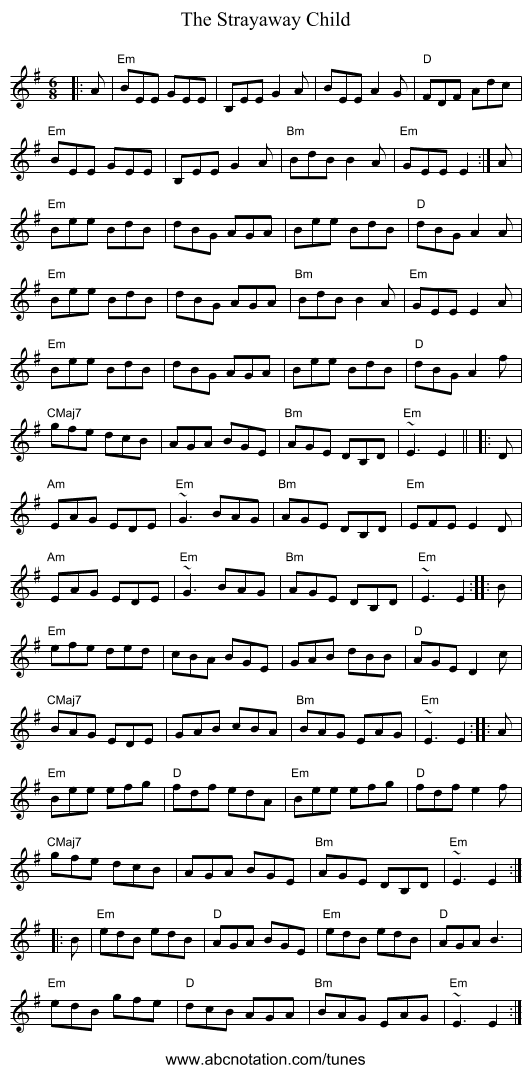 The Strayaway Child - staff notation