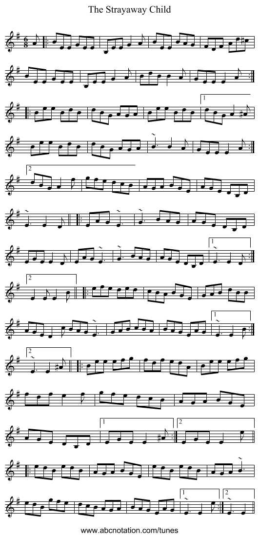 The Strayaway Child - staff notation