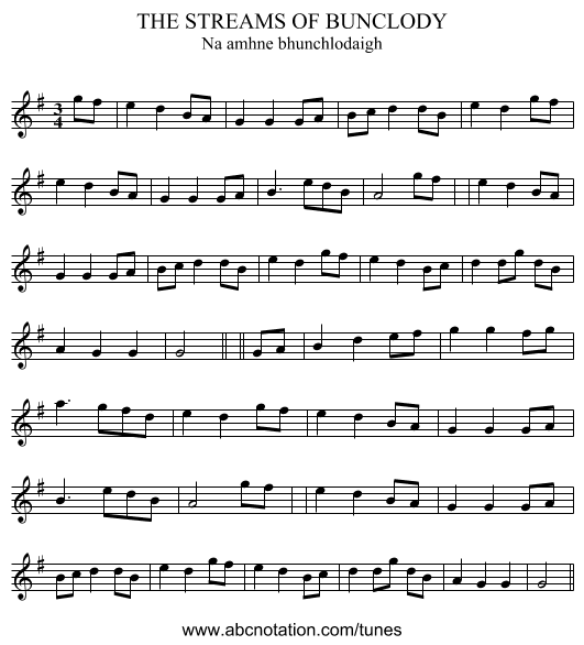 THE STREAMS OF BUNCLODY - staff notation