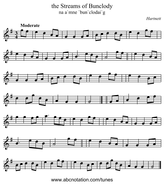 the Streams of Bunclody - staff notation