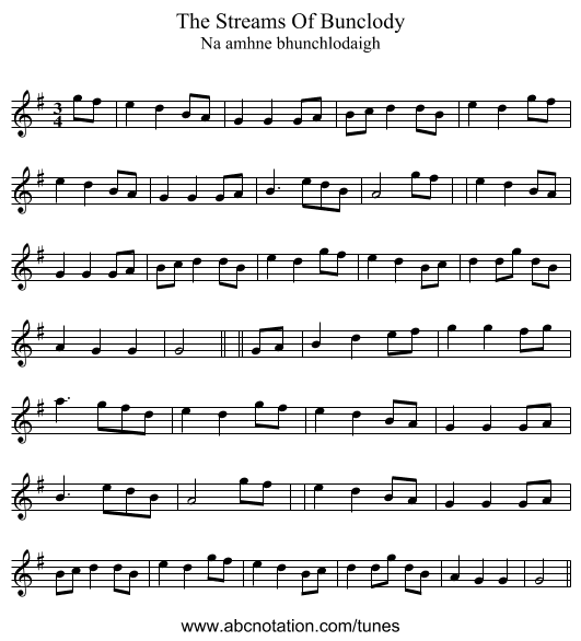 The Streams Of Bunclody - staff notation