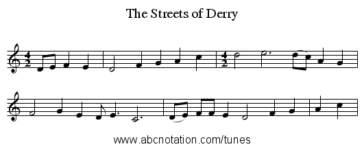 The Streets of Derry - staff notation