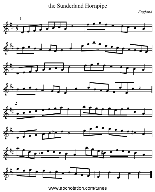 the Sunderland Hornpipe - staff notation