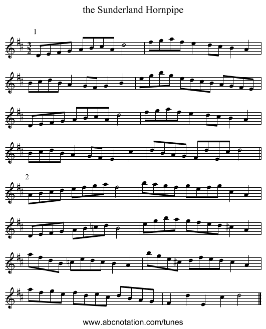 the Sunderland Hornpipe - staff notation