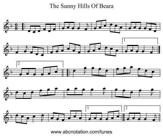 The Sunny Hills Of Beara - staff notation