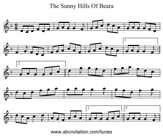 The Sunny Hills Of Beara - staff notation