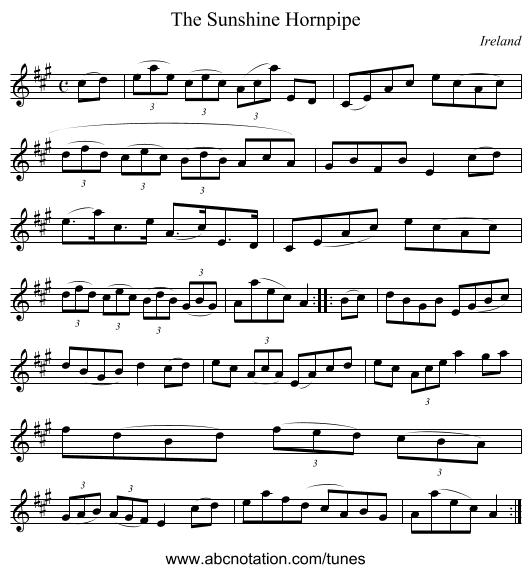 The Sunshine Hornpipe - staff notation