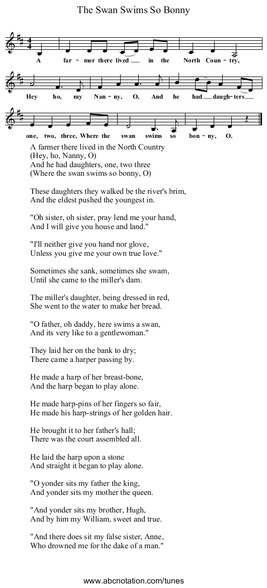 The Swan Swims So Bonny - staff notation