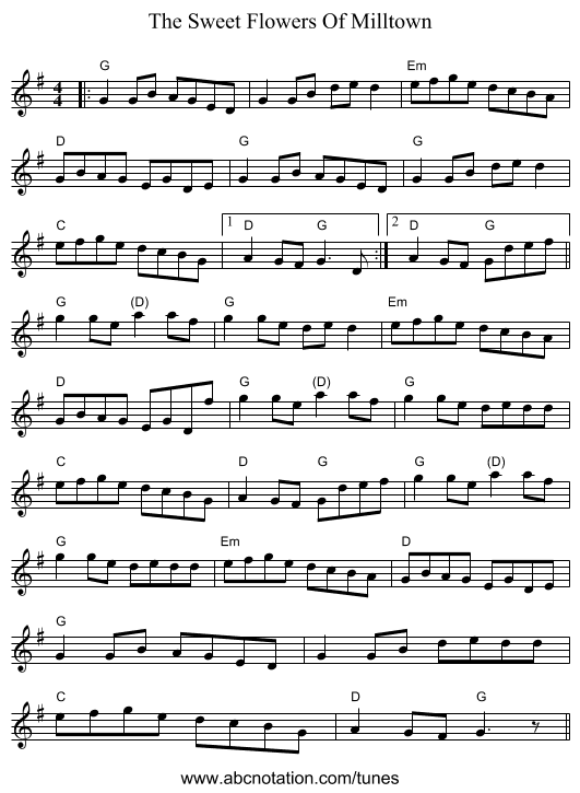 The Sweet Flowers Of Milltown - staff notation