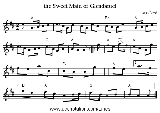 the Sweet Maid of Glendaruel - staff notation