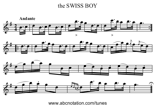 the SWISS BOY - staff notation