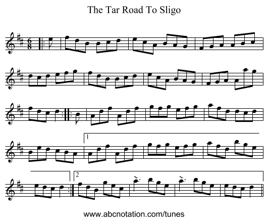 The Tar Road To Sligo - staff notation