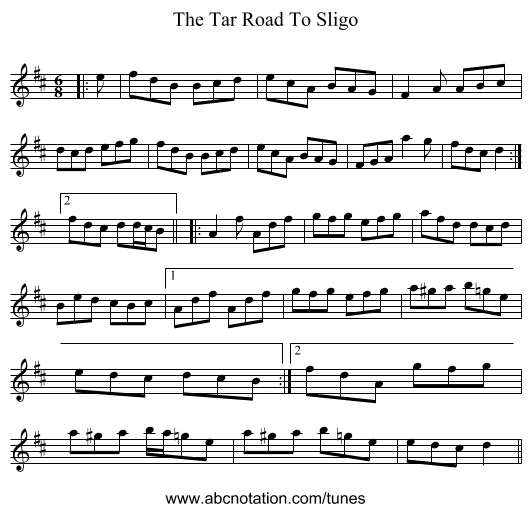 The Tar Road To Sligo - staff notation
