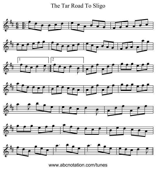 The Tar Road To Sligo - staff notation