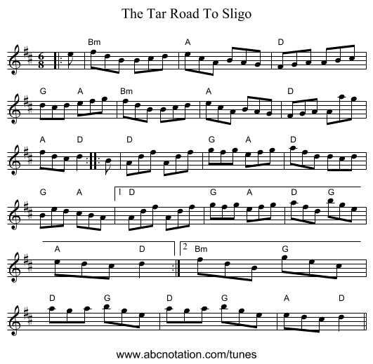The Tar Road To Sligo - staff notation