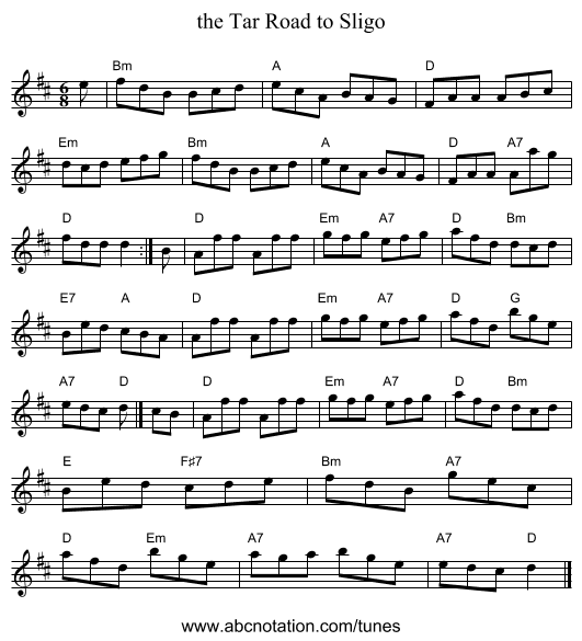 the Tar Road to Sligo - staff notation