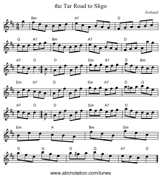 the Tar Road to Sligo - staff notation