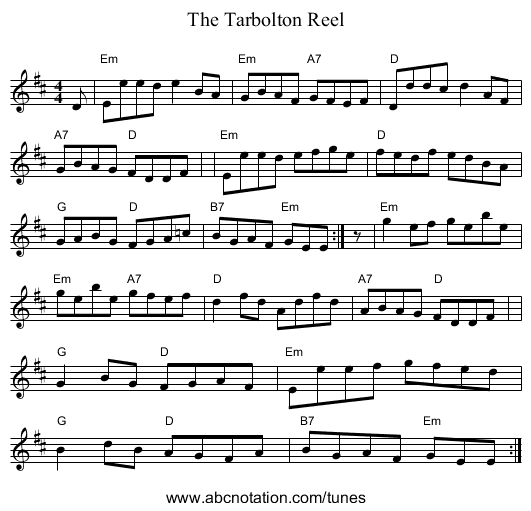 The Tarbolton Reel - staff notation