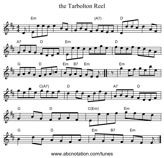 the Tarbolton Reel - staff notation