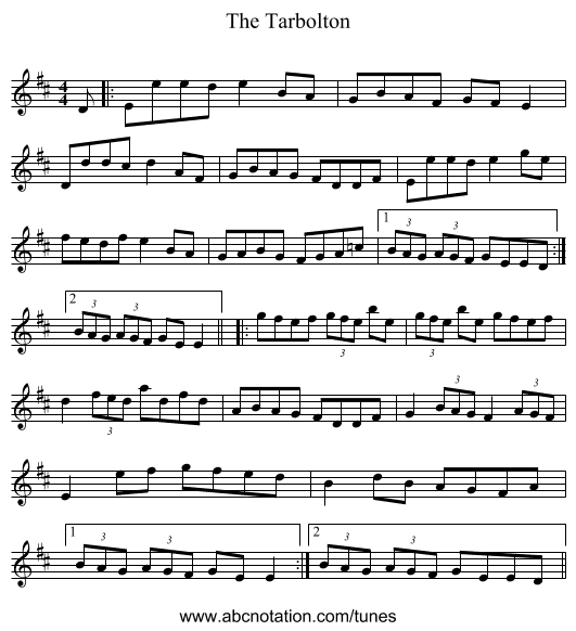 The Tarbolton - staff notation