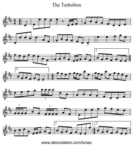 The Tarbolton - staff notation