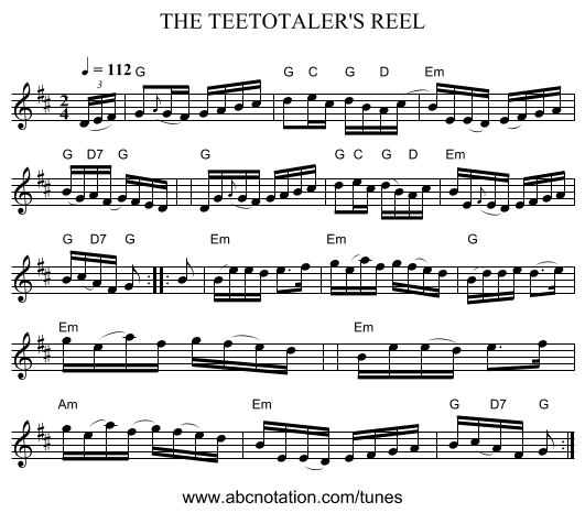 THE TEETOTALER'S REEL - staff notation
