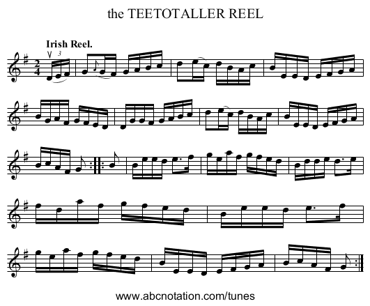 the TEETOTALLER REEL - staff notation