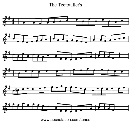 The Teetotaller's - staff notation