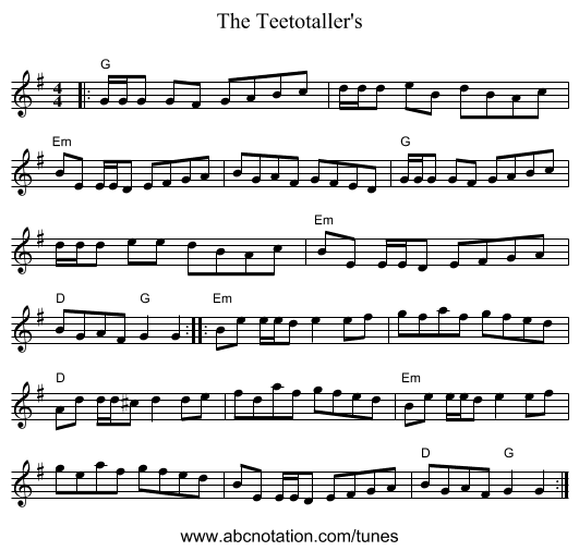 The Teetotaller's - staff notation