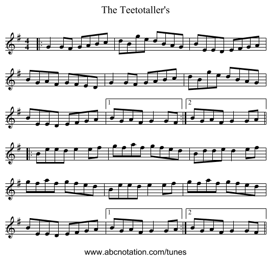 The Teetotaller's - staff notation
