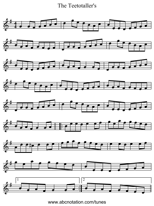 The Teetotaller's - staff notation