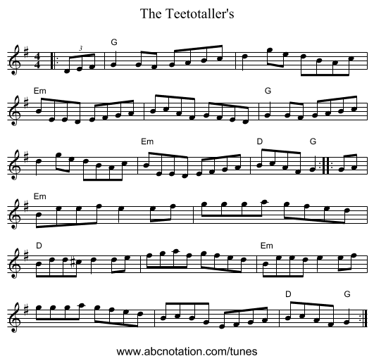The Teetotaller's - staff notation