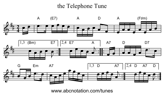 the Telephone Tune - staff notation