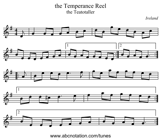 the Temperance Reel - staff notation