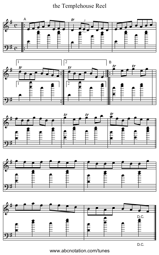 the Templehouse Reel - staff notation
