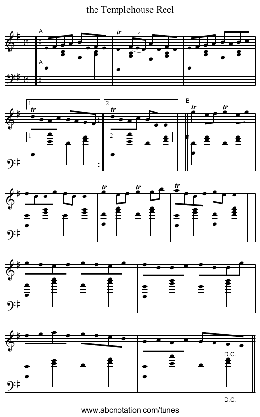 the Templehouse Reel - staff notation