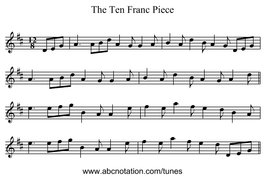 The Ten Franc Piece - staff notation