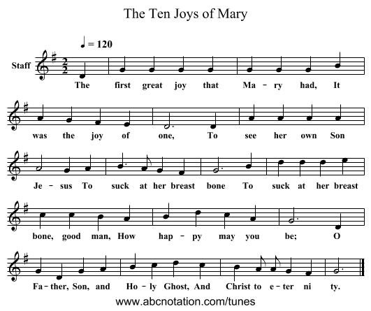 The Ten Joys of Mary - staff notation