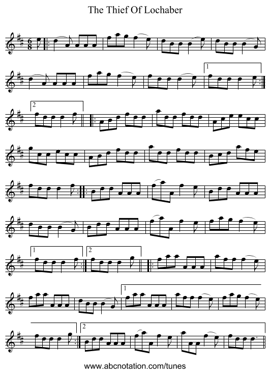 The Thief Of Lochaber - staff notation