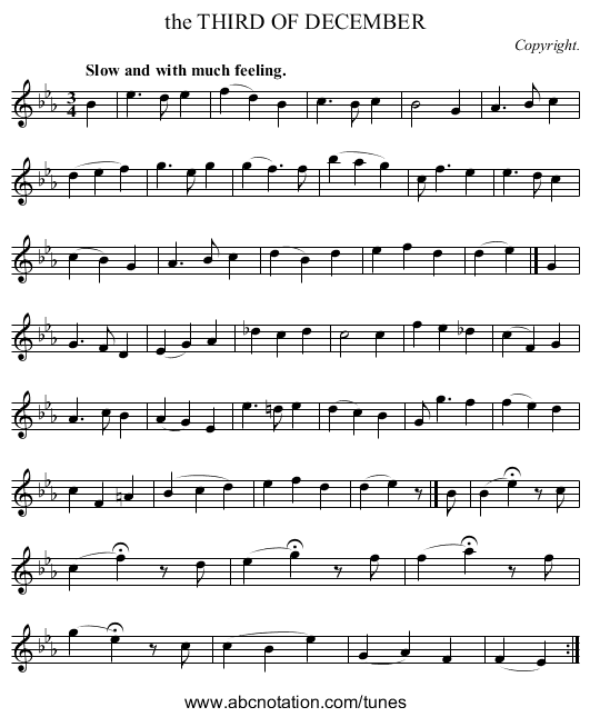 the THIRD OF DECEMBER - staff notation