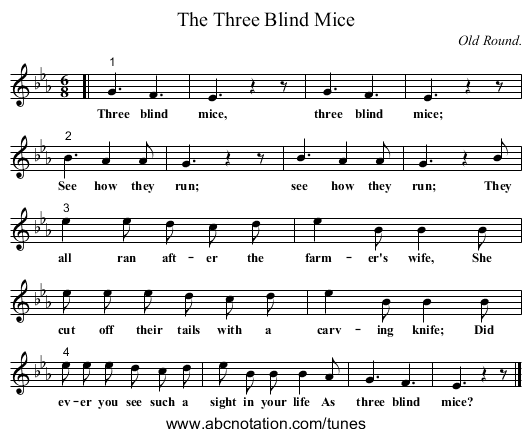 The Three Blind Mice - staff notation